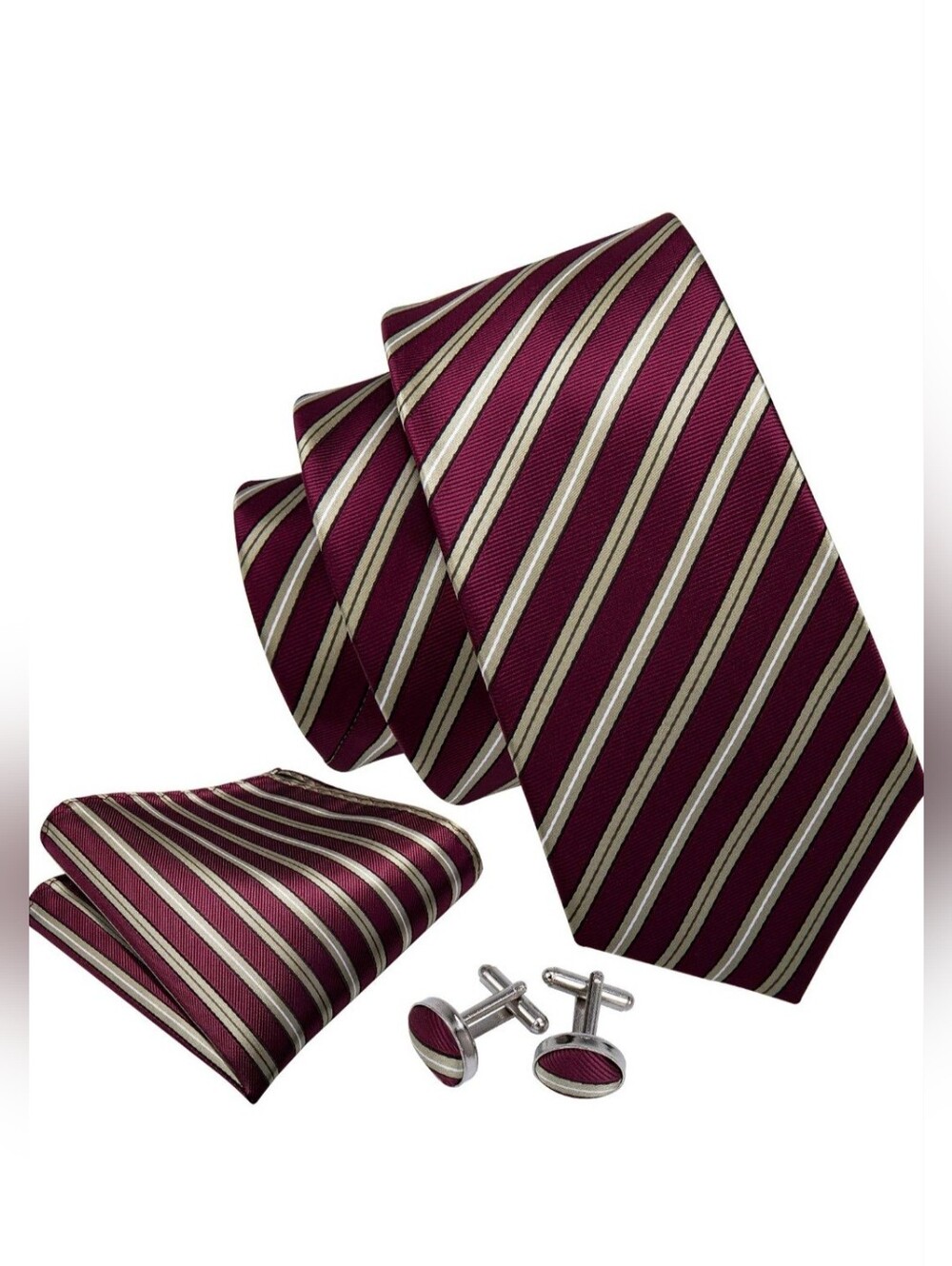 Barry.Wang Burgundy Beige Striped Silk Blend Men's Necktie‎ Set Business Wedding